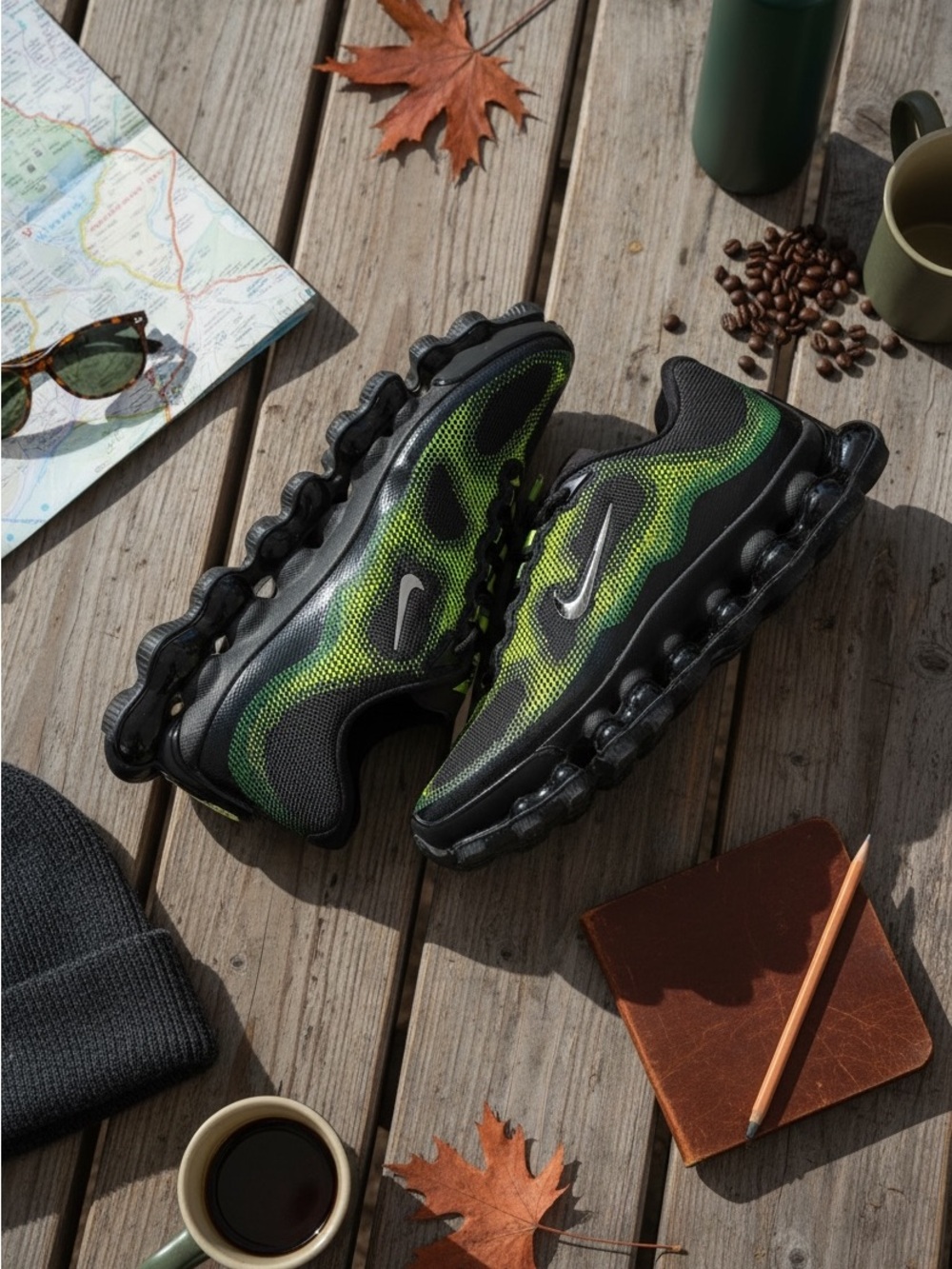 Nike Men’s Black and Neon Green Air-Cushion Running Shoes